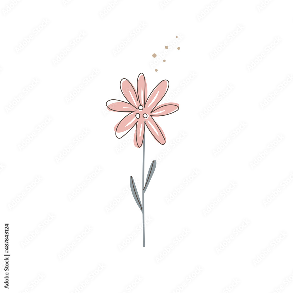 Vector illustration pink flower on a stem in cartoon style for design, sticker, print, invitation, postcard Vector illustration pink flower on a stem in cartoon style for design, sticker, print, invitation, postcard