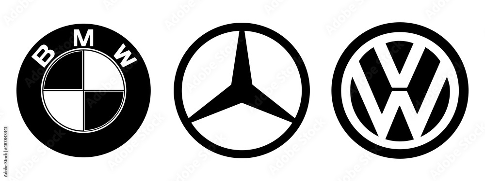 Vettoriale Stock Logo of cars brand set: Volkswagen, bmw, mercedes. Black  logo of popular brands of cars on a white background. Automotive industry  leaders. Editorial vector illustration.