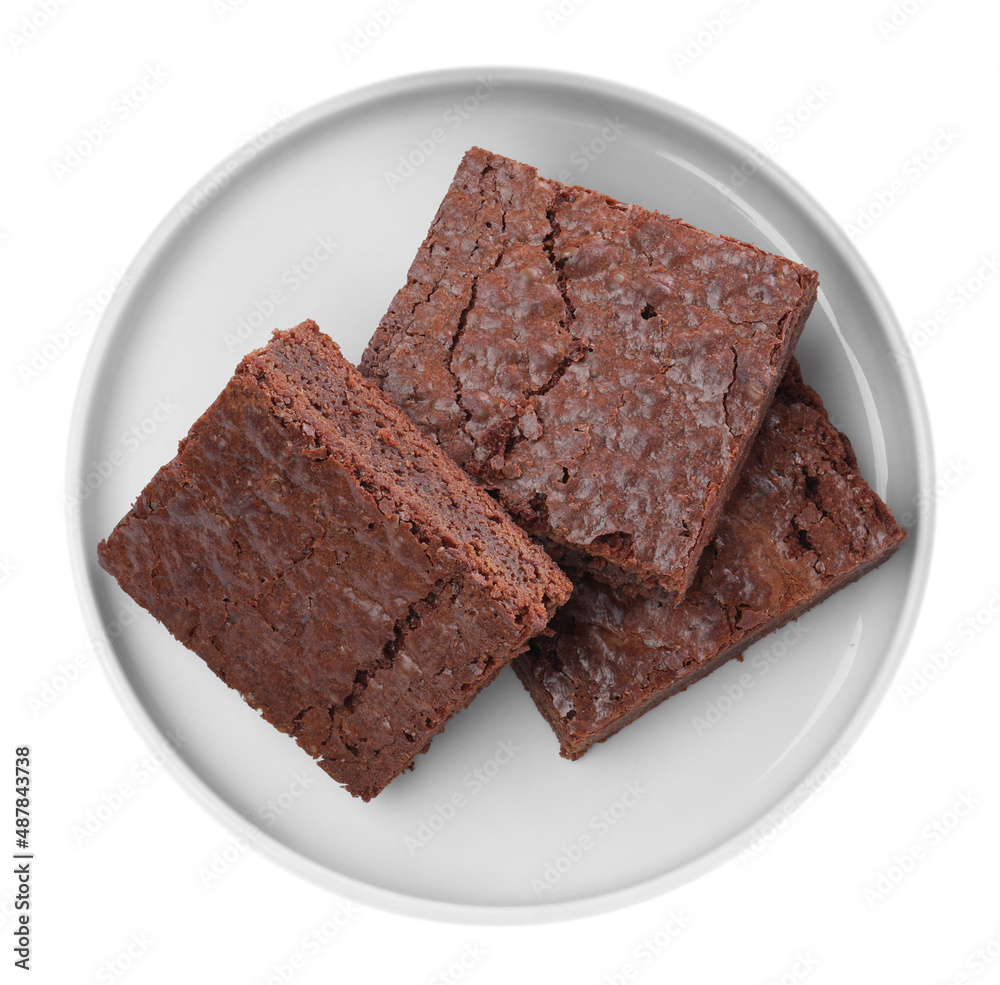 Delicious chocolate brownies on white background, top view