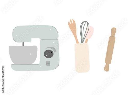 Collection of kitchen utensils, whisk, rock, shovel, mixer in cartoon style for card, sticker