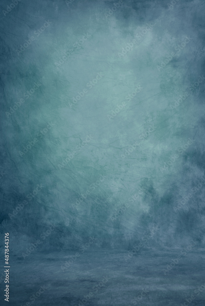 Photography studio portrait or product background, real painted canvas muslin cloth; full length with oceanic shades of blue and aqua green