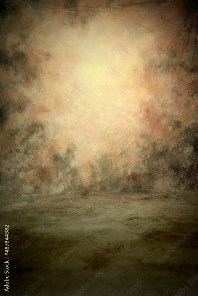Photography studio portrait or product background, real painted canvas muslin cloth; dramatic and dreamy paint strokes of ecru, pale pink, browns, etc