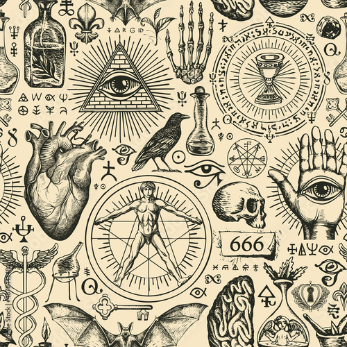 Wallpaper Mural Abstract hand-drawn seamless pattern on the theme of occultism, satanism and witchcraft in vintage style