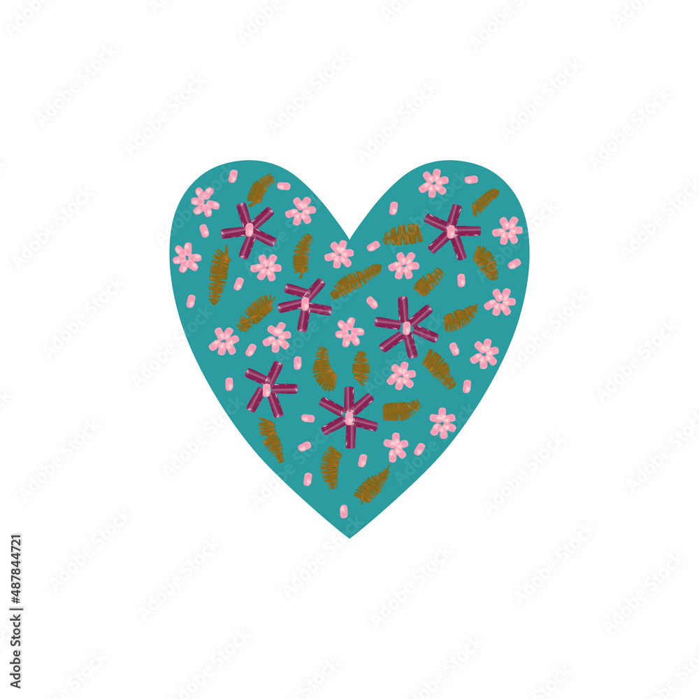 Heart blue with beaded pink on a white background