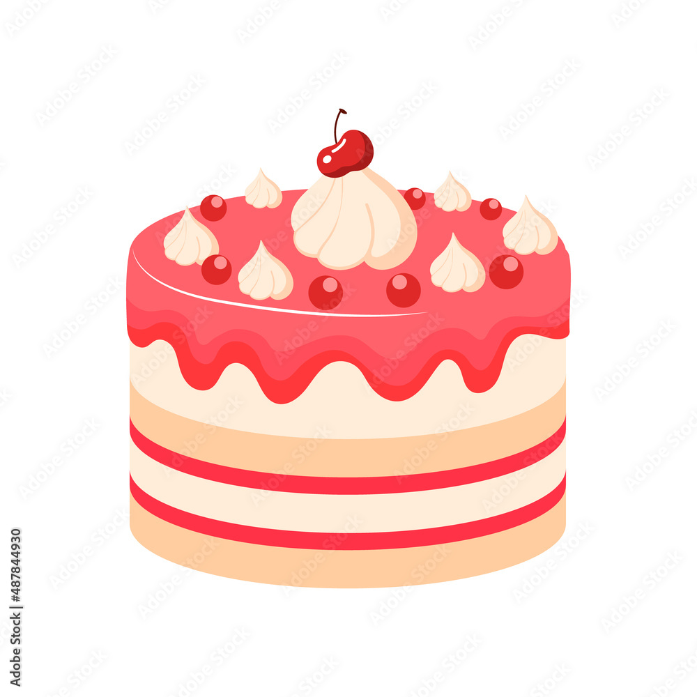 Festive Cherry Cake with Berries and Marshmallows. Festive Sweet Dessert or Pastries. Vector Illustration Festive Cherry Cake with Berries and Marshmallows. Festive Sweet Dessert or Pastries. Vector Illustration