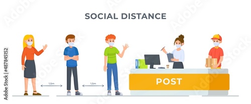 Vector illustration of the concept of distance to protect against a virus. Masked mode.