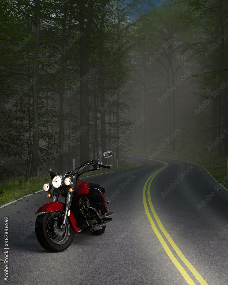 Portrait format view of a motorcycle parked on an empty road in the forest. 3D illustration.