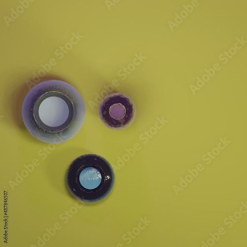 closeup of colorful glass vases on yellow table - 3d render - orthographic illustration