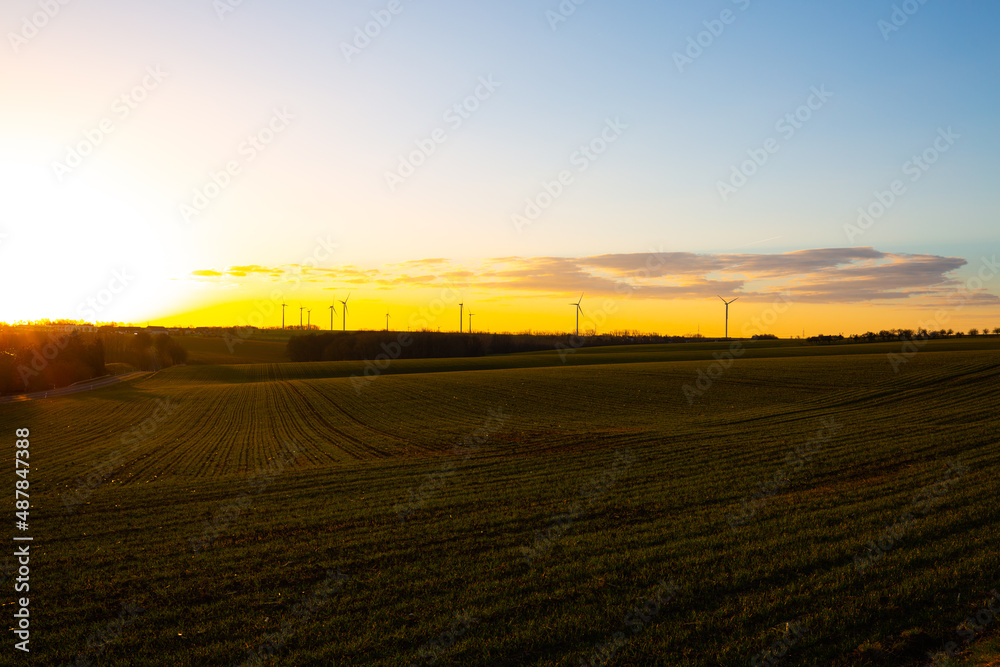 Wind turbines in Thuringia at sunrise, Schmölln
