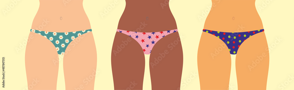 Underwear. Women panties, briefs multi-colored with print.National diversity, race diversity female body with variety of skin tones in lingerie.Body positive.Colorful Isolated flat vector illustration Underwear. Women panties, briefs multi-colored with print.National diversity, race diversity female body with variety of skin tones in lingerie.Body positive.Colorful Isolated flat vector illustration