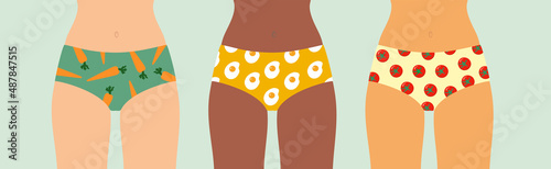 Underwear. Women panties, briefs multi-colored with print.National diversity, race diversity female body with variety of skin tones in lingerie.Body positive.Colorful Isolated flat vector illustration