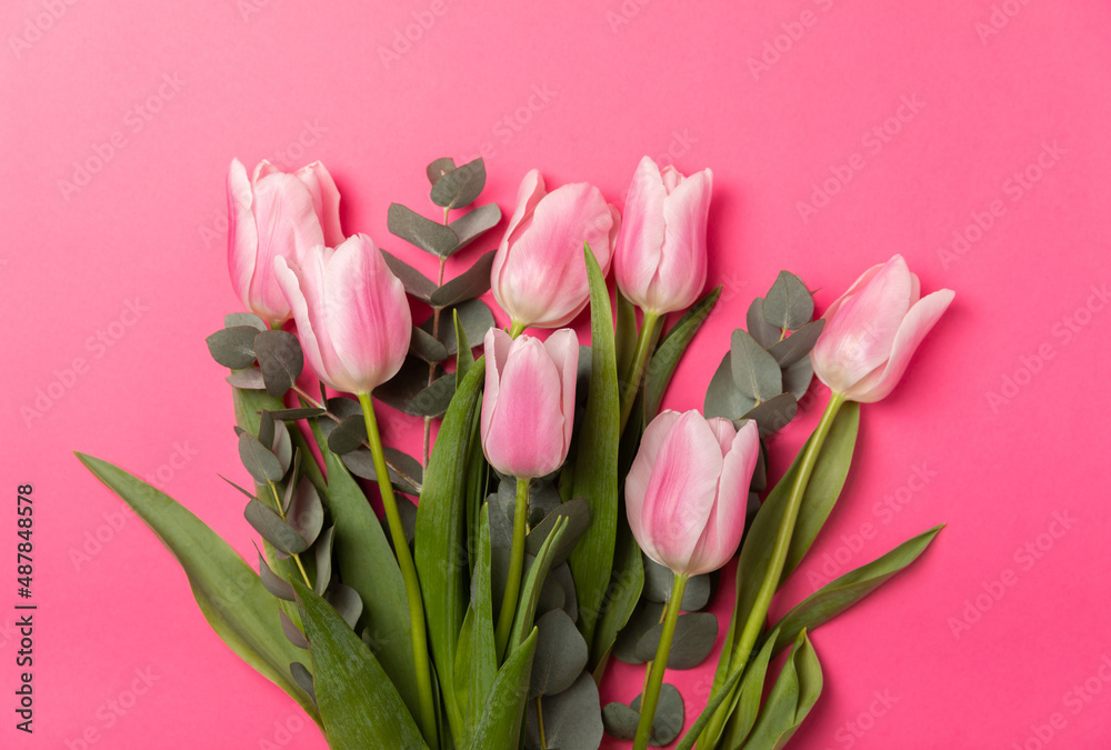 Fototapeta premium Pink tulips on a lilac background.Top view. Spring bouquet.Holiday concept.Women's day, Valentine's day,Easter, birthday.Copy space.