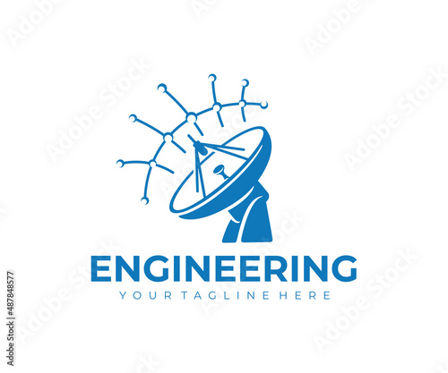 Telecommunication engineering, satellite dish and radio waves, logo design. Satellite dish, satellite communication system and connect, vector design and illustration