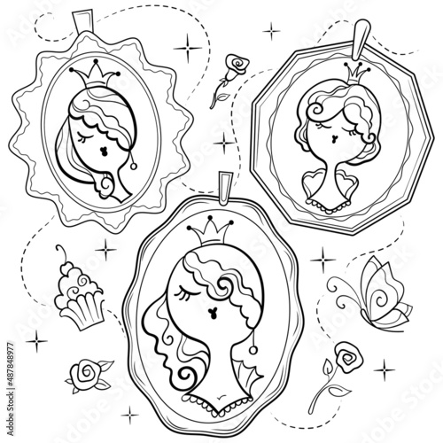 A set of vector fabulous black and white doodle illustrations portraits of Princesses in miniatures, medallions on a beautiful background that can be used as separate sets, isolates, coloring pages