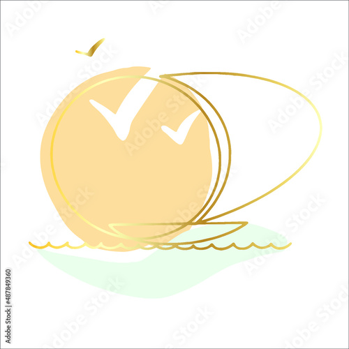 Golden line abstract hand drawing sailboat, sails, round sun, birds, ocean, sea, vacation, summer palette.