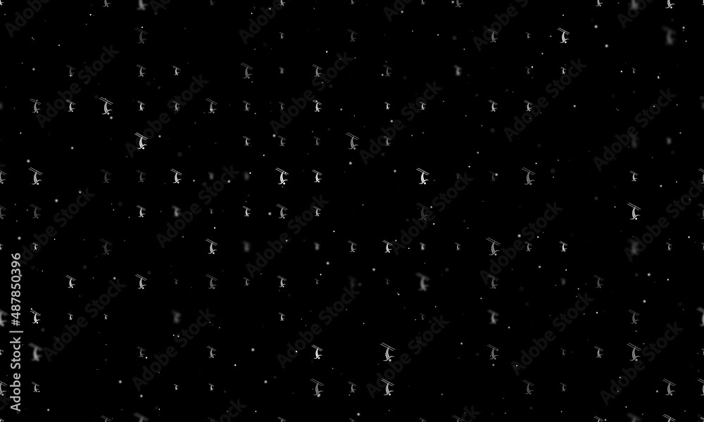Seamless background pattern of evenly spaced white freestyle skiing symbols of different sizes and opacity. Vector illustration on black background with stars