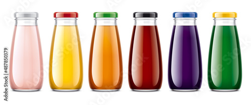 Set of Glass Bottles with transparent Juices. 3d rendering