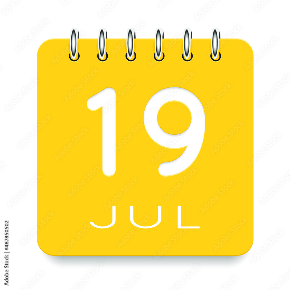19 day of the month. July. Cute yellow calendar daily icon. Date day week Sunday, Monday, Tuesday, Wednesday, Thursday, Friday, Saturday. Cut paper. White background. Vector illustration.