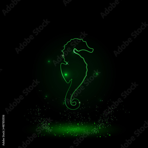 A large green outline sea horse symbol on the center. Green Neon style. Neon color with shiny stars. Vector illustration on black background