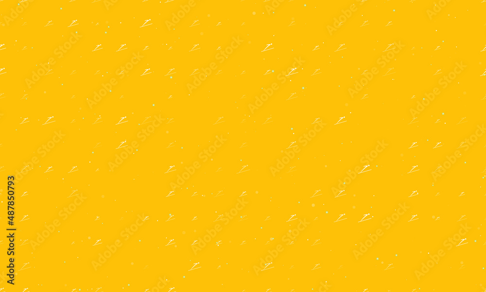 Seamless background pattern of evenly spaced white Ski jumping symbols of different sizes and opacity. Vector illustration on amber background with stars Seamless background pattern of evenly spaced white Ski jumping symbols of different sizes and opacity. Vector illustration on amber background with stars