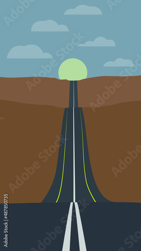 Vector flat image of a desert with an asphalt road. Blue sky with clouds and sun. Design for postcards, avatars, posters, backgrounds, templates, textiles.