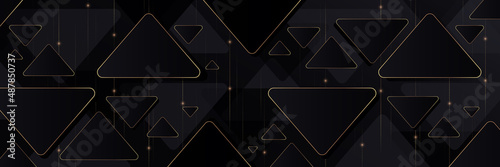 Abstract modern dark blue geometric shapes background with glitter golden dotted lines decoration. Luxury and elegant triangle shapes texture creative design. Rounded corner triangle patterns