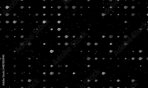 Seamless background pattern of evenly spaced white digital tech symbols of different sizes and opacity. Vector illustration on black background with stars