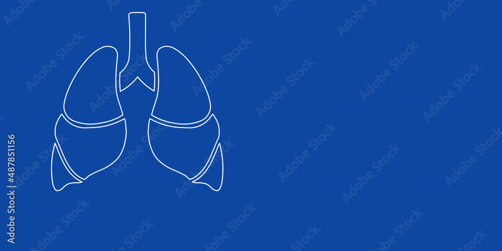 A large white outline lungs symbol on the left. Designed as thin white lines. Vector illustration on blue background A large white outline lungs symbol on the left. Designed as thin white lines. Vector illustration on blue background
