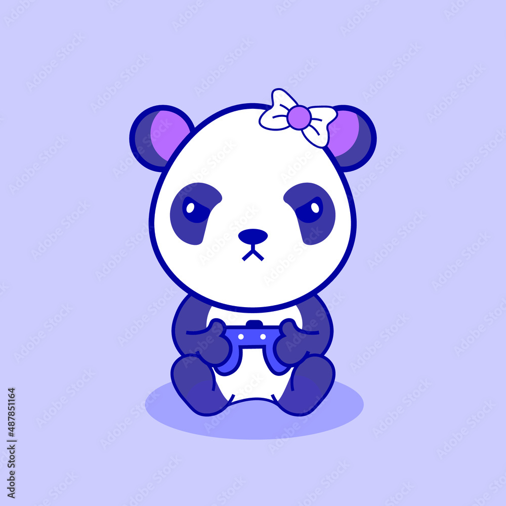 Fototapeta premium draw cute panda gaming cartoon, vector cartoon illustration