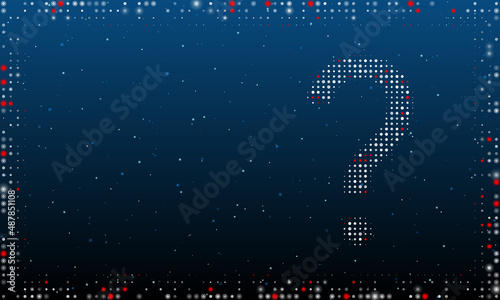On the right is the question symbol filled with white dots. Pointillism style. Abstract futuristic frame of dots and circles. Some dots is red. Vector illustration on blue background with stars