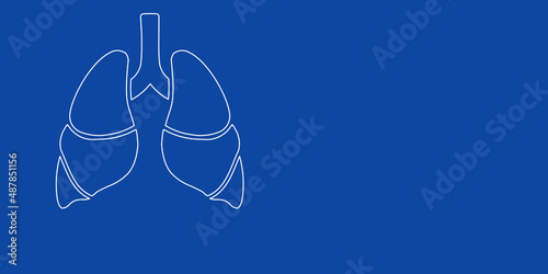 A large white outline lungs symbol on the left. Designed as thin white lines. Vector illustration on blue background
