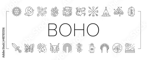 Boho Style Decoration Collection Icons Set Vector .
