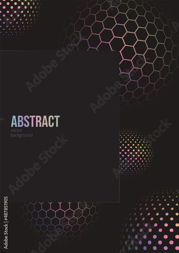Minimalistic black background with elegant holographic geometric shapes and copy space. Decorative design template with rainbow spheres and hologram effect for invitation, brochure, notebook or card