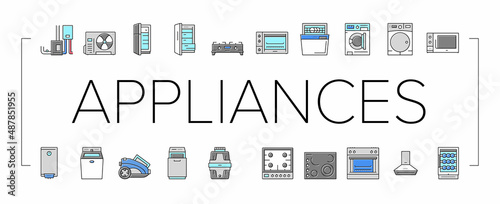 Appliances Domestic Equipment Icons Set Vector .