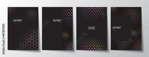 Minimalistic black backgrounds set with elegant holographic geometric shapes and copy space. Decorative design templates collection with spheres and hologram effect for brochure, cover, notebook, card