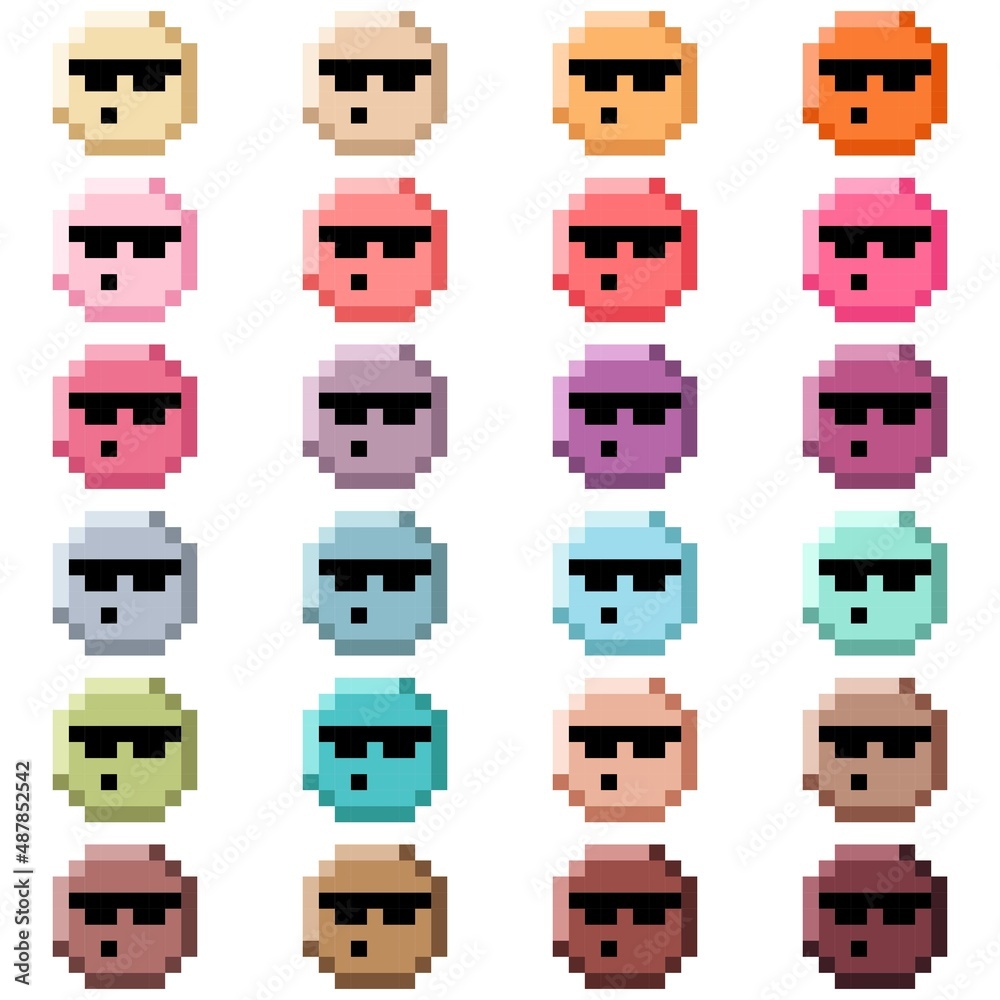 Face circle whistling and wearing black glasses, sweet color set pixel art. Vector illustration.