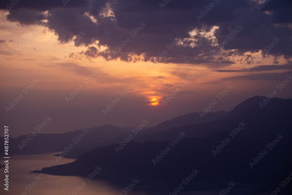 Aerial view over Kotor Bay in Montenegro at sunset