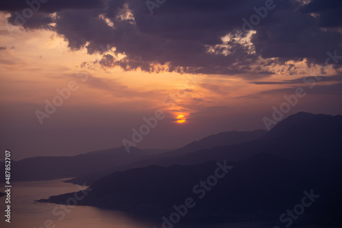 Aerial view over Kotor Bay in Montenegro at sunset