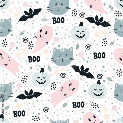 Pastel Halloween pattern , trick or treat, pumpking, flowers skull, stars, cat ghost on blue, pink