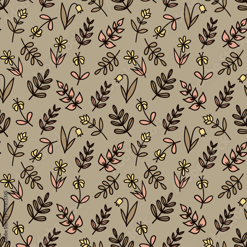 Floral vector seamless pattern with hand-drawn doodle cartoon Flowers and Branches isolated on a brown background. Nature wallpaper, textile print.