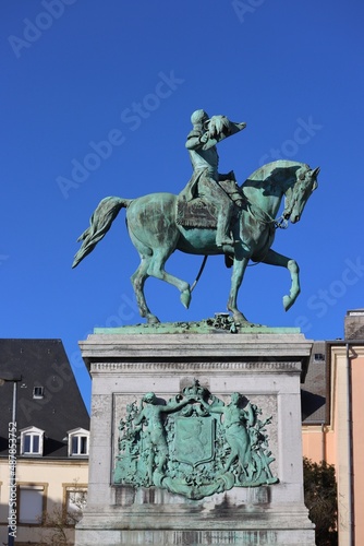 Guillaume II Orange-Nassau, king of Netherlands, Grand Duke of Luxembourg. Green bronze equestrian statue, stone base with coat of arms, in Knuedler, Luxembourg