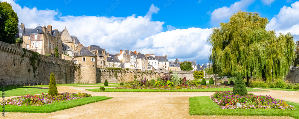Vannes, beautiful city in Brittany, old half-timbered houses in the ramparts garden
