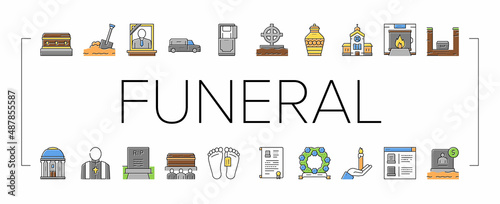 Funeral Burial Service Collection Icons Set Vector .