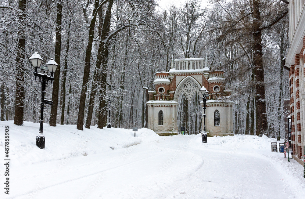 view of the figured gate on a winter day