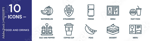 food and drinks outline icon set includes thin line watermelon, fridge, fast food, coffee cup, dessert, menu, salt and pepper icons for report, presentation, diagram, web design
