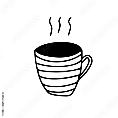 Doodle hand drawn  vector icon cup of coffee tea. Cozy stripped mug for hot drink black and white.