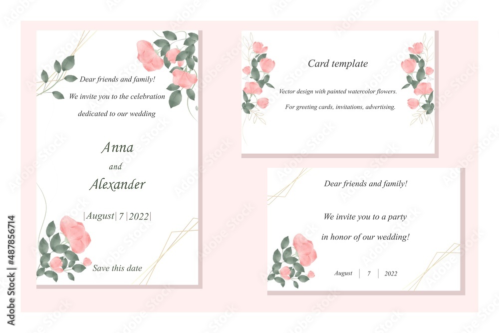 A set of postcard templates for wedding invitations, party invitations, menus, greetings. Greeting card template for a celebration with roses and greenery in a rustic style on a white background