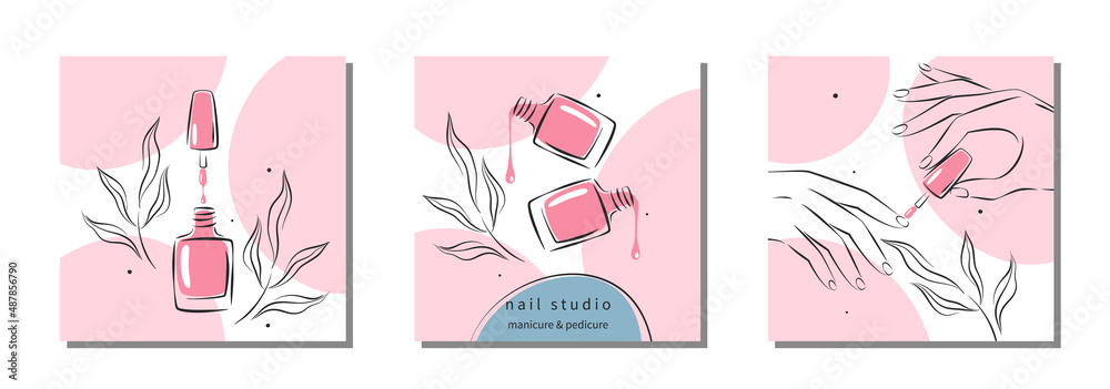 Set of design for nail studio for social media posts and stories, mobile apps. Nail polish, nail brush, manicured female hands. Vector illustrations - obrazy, fototapety, plakaty 