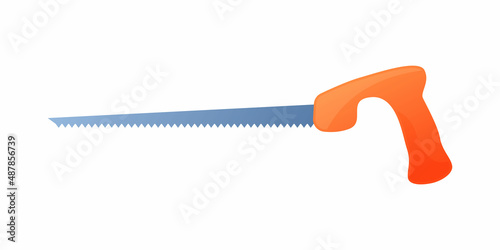 Vector illustration hacksaw with orange handle isolated on white background. Carpenter or repairmen handsaw vector icon in flat cartoon style. Construction tool. Saw for cutting metal and tree.