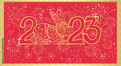 Festive banner with a rabbit as a symbol of the year according to the Chinese calendar. Bright vector with a golden gradient on a red background.